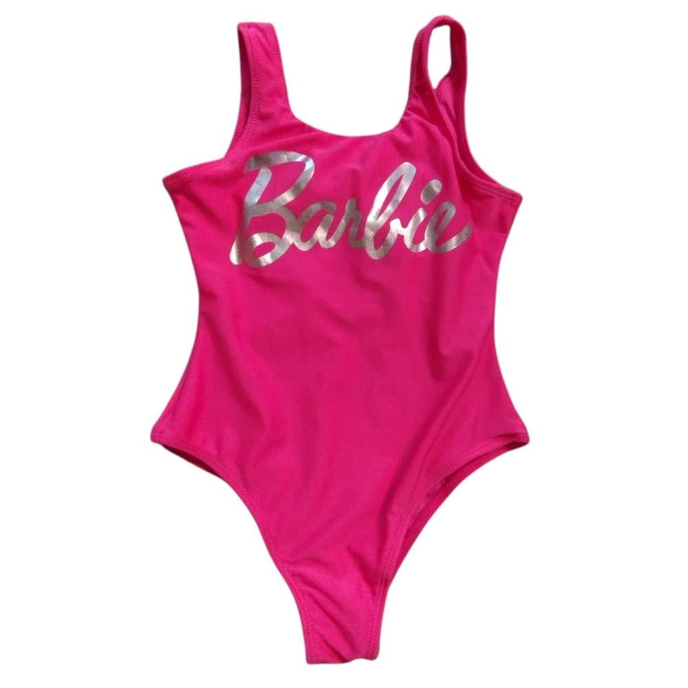 Like New! Hot Pink Barbie One Piece Swimsuit with Silver Logo Bow 4/5 Bow